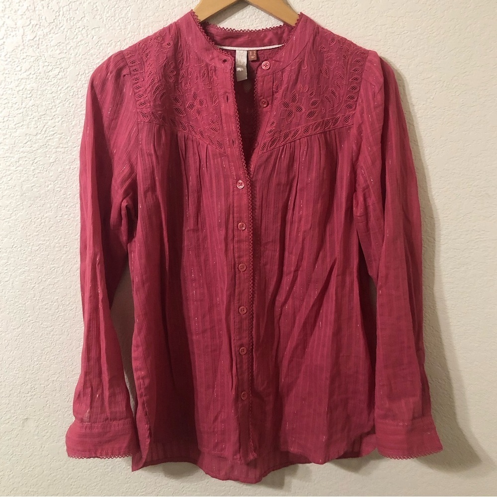 Pilcro Anthropologie The Victoria Shimmer Striped Blouse in Pink - Size 6